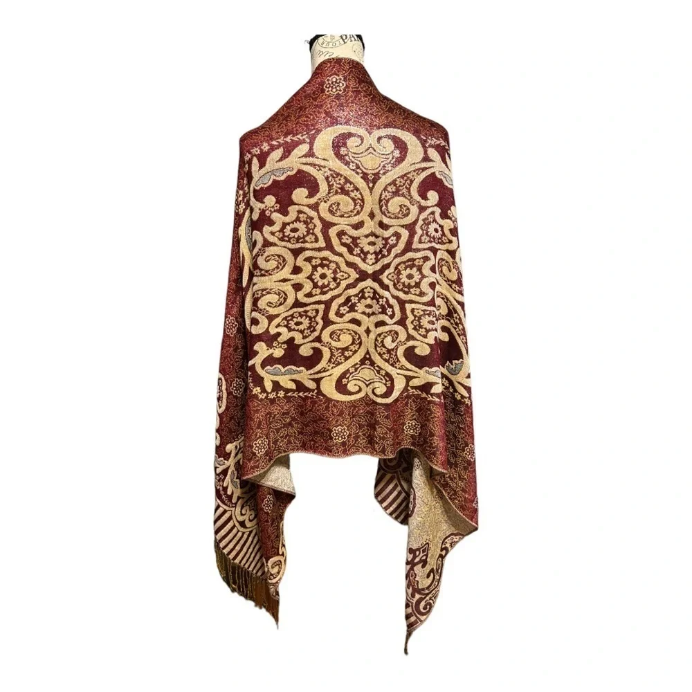 Pashmina Indie’s Fine Wool Scarf Burgundy Metallic Fringe Lightweight Neck Wrap